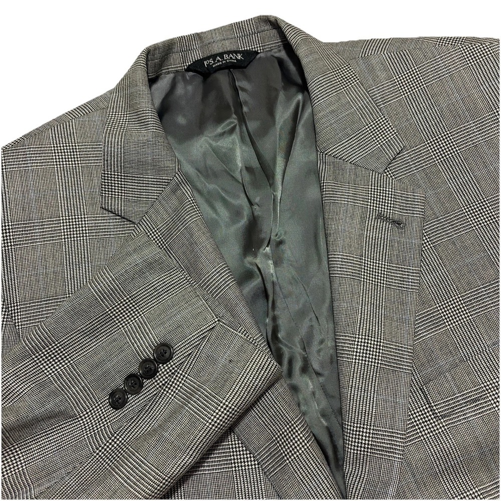 JOS A BANK Suit Jacket Blazer 46R  Black White Glen Plaid  100% Wool Sport Coat